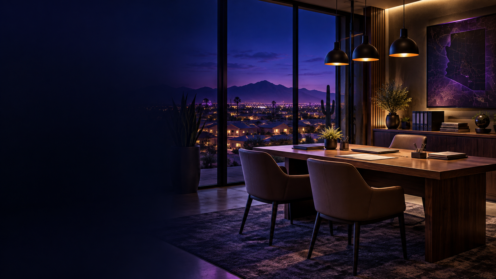 A prepared consultation room overlooking a Southwestern neighborhood at night