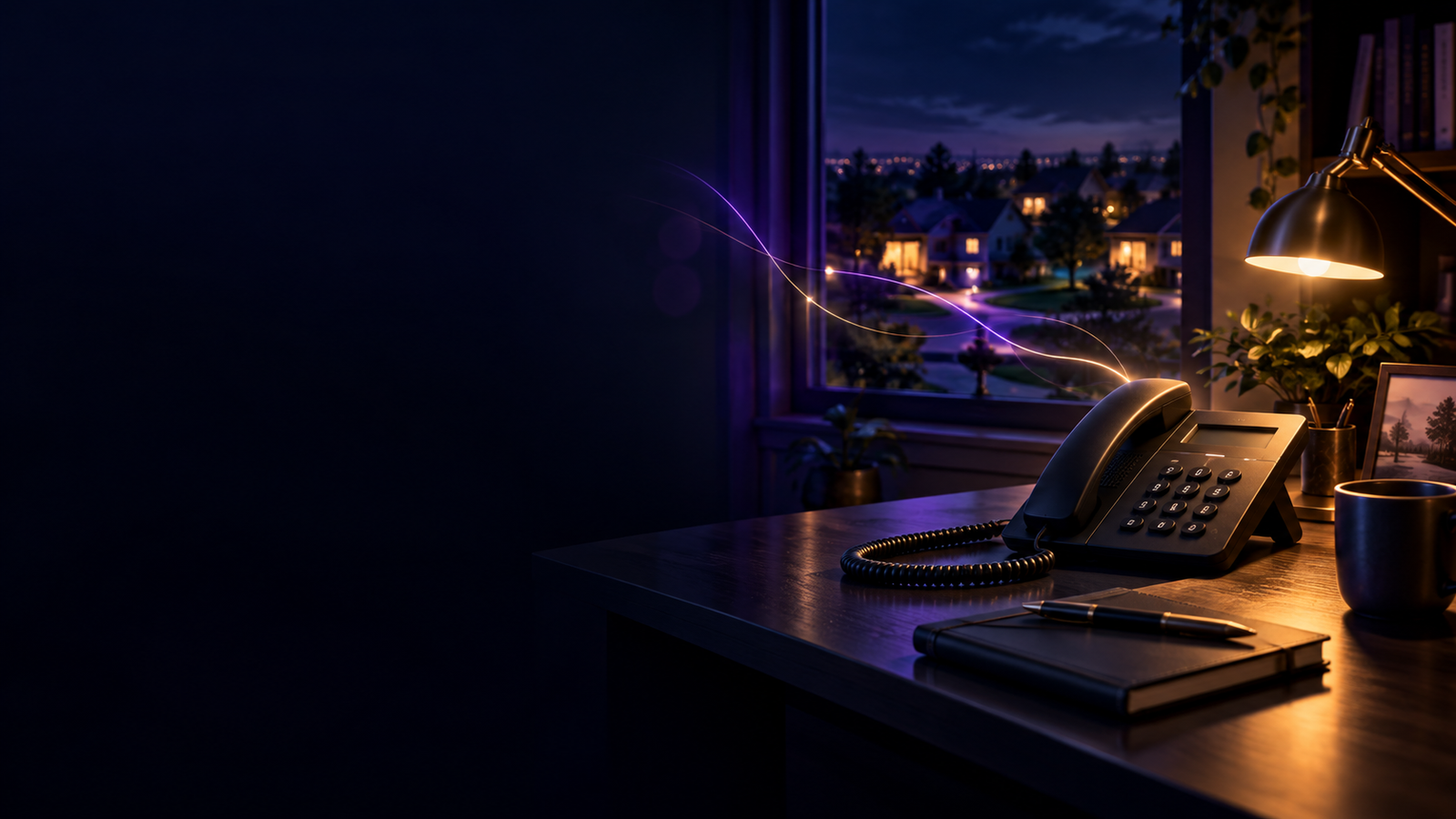 A warmly lit telephone and notebook ready for a homeowner support conversation