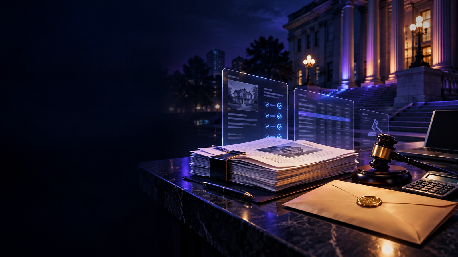 Auction documents, a gavel, and a sealed envelope arranged outside a courthouse at night