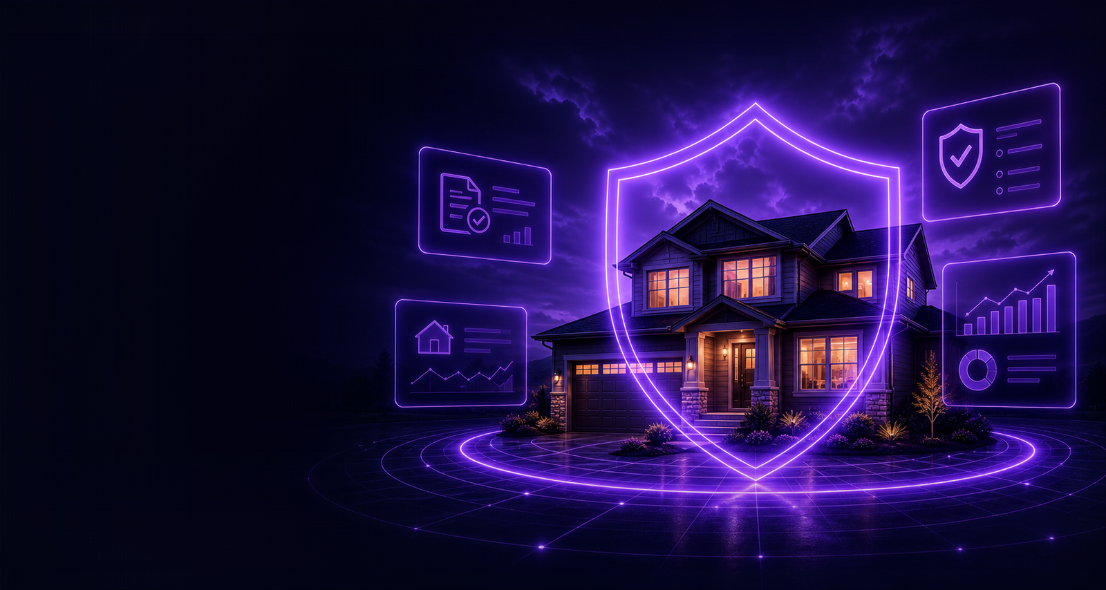 A home protected by a violet shield with property review panels
